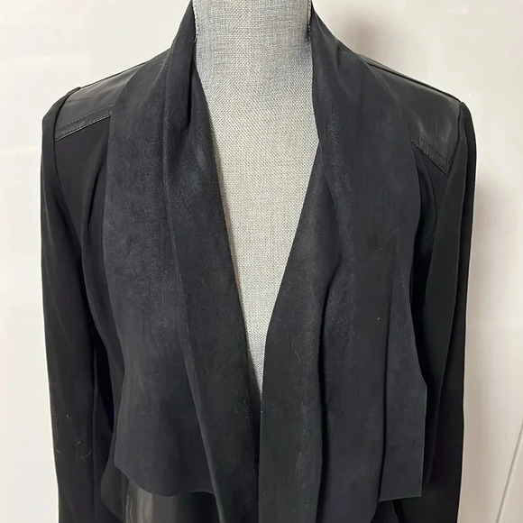 Drape Front Faux Leather Open Jacket Pockets, Size M - Picture 2 of 13